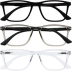 OPULIZE NYX Reading Glasses with Blue Light Blocking for Women Men, Rectangular Frame with UV & Eyestrain Protection, Anti-Glare Computer Gaming Glasses, Black, Grey, Clear +2.5 (Pack of 3)