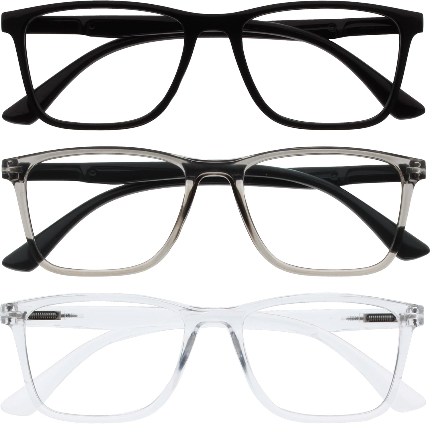 OPULIZE NYX Reading Glasses with Blue Light Blocking for Women Men, Rectangular Frame with UV & Eyestrain Protection, Anti-Glare Computer Gaming Glasses, Black, Grey, Clear +2.5 (Pack of 3)