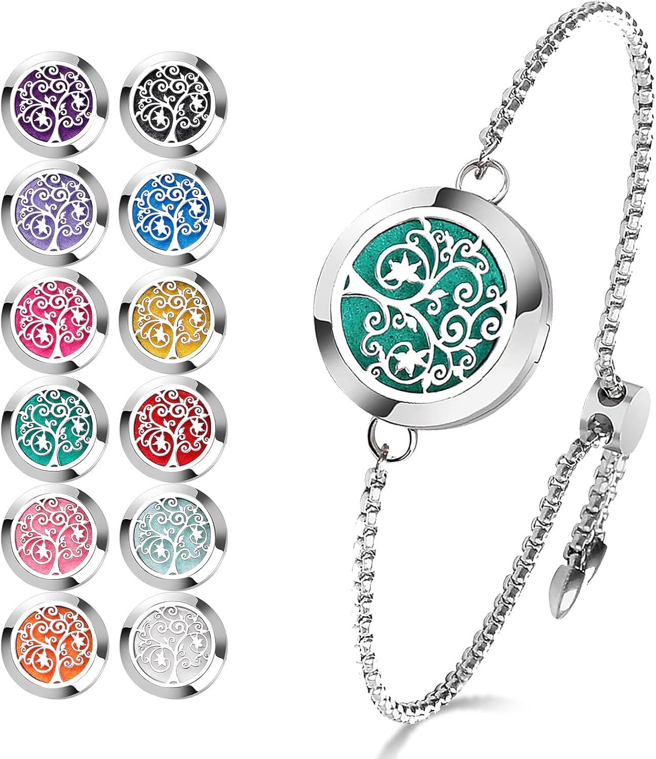 ttstar Essential Oil Diffuser Bracelet Stainless Steel Aromatherapy Locket Adjustable Diffuser Bracelet with 24pcs Refill Pads in 12 Assorted Colors Gift Set for Women(Tree of Hope)