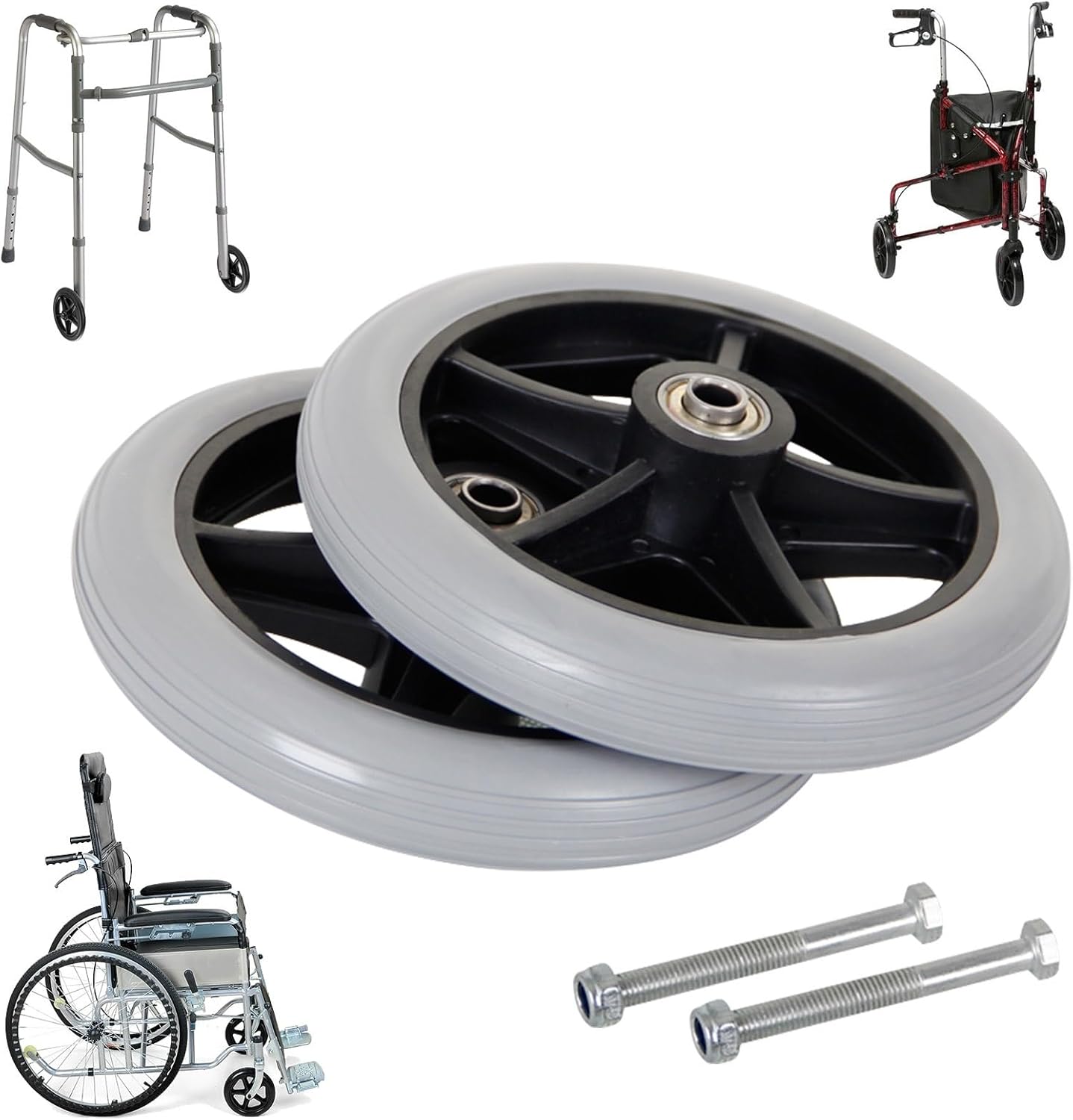 WORDFUN 2 Pcs Front Wheels Replacement for Wheelchairs Rollators, Front Rollator Replacement Wheel Assembly, Wear-Resistant Wheel, Cart Trolley Tyre, Lightweight Solid Caster