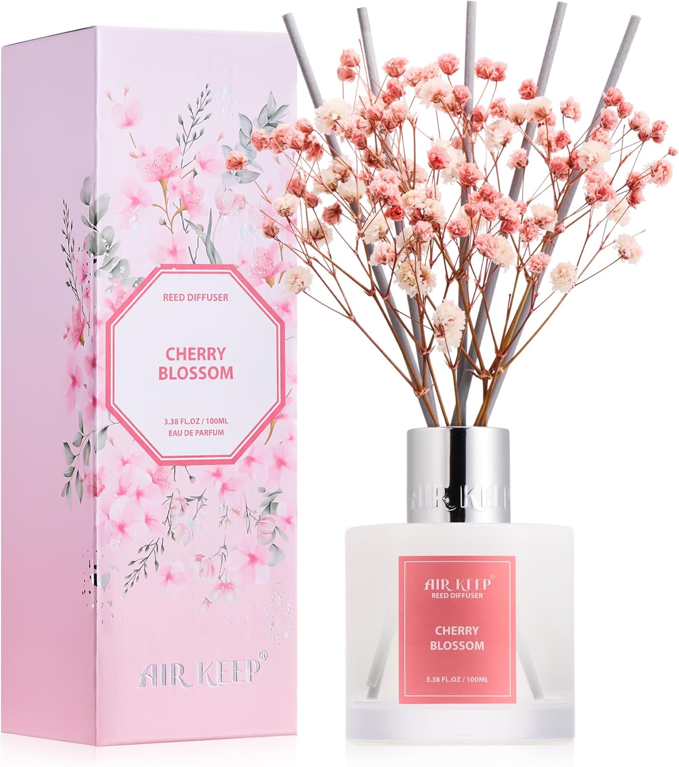 Airkeep Reed Diffuser Set, 3.38 fl oz (100 ml) - Cherry Blossom Oil Diffusers with 8 Reed Sticks, Home Fragrance Reed Diffuser for Bathroom Shelf Decor