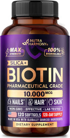 Biotin 10000mcg with Silicon - Pharmaceutical Grade Biotin Supplement for Women - Hair Growth Support, Skin & Nails - Max Strength & 100% Bioavailability - Made in USA - 120 Softgels, 120 Days Supply