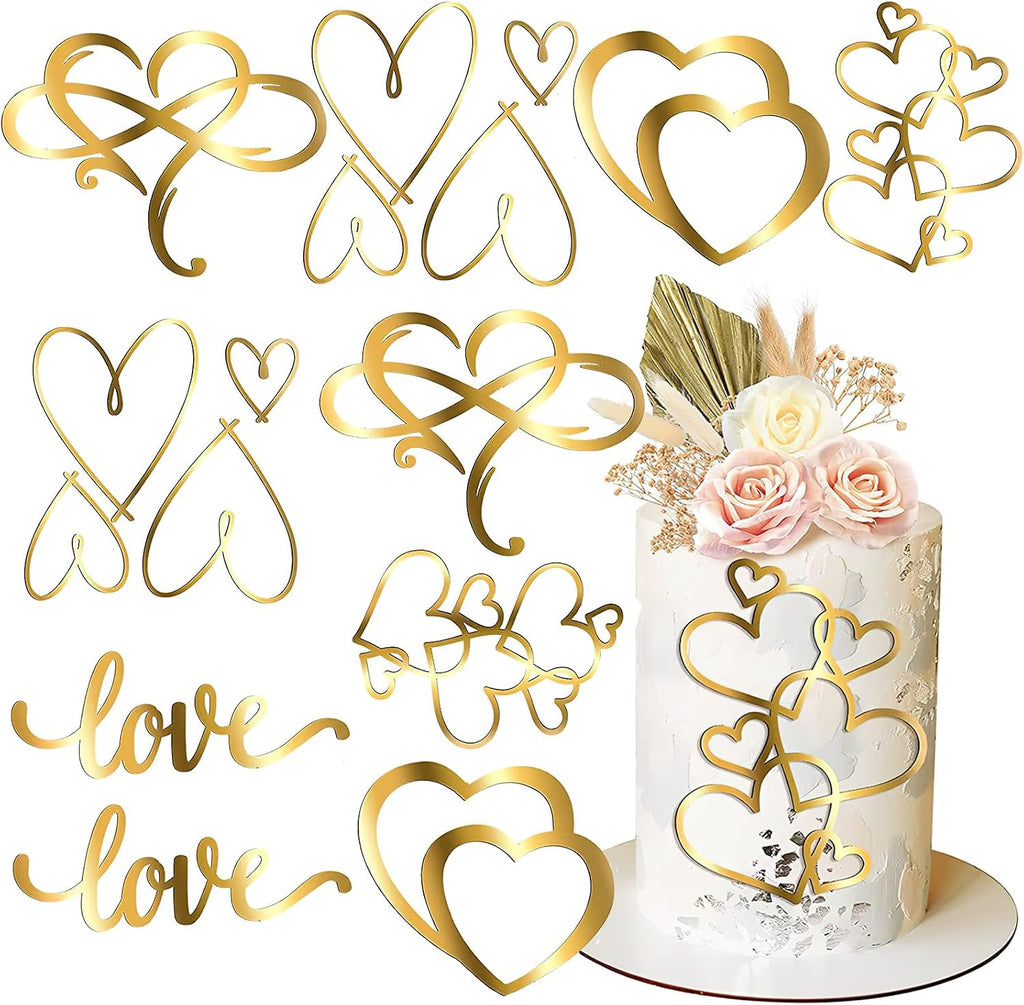 10Pcs Gold Heart Cake Toppers Valentine's Day Wedding Acrylic Heart Shaped Love Cupcake Dessert Toppers Cake Decorations for Birthday Anniversary Engagement Bridal Shower Party Cake Décor