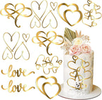 10Pcs Gold Heart Cake Toppers Valentine's Day Wedding Acrylic Heart Shaped Love Cupcake Dessert Toppers Cake Decorations for Birthday Anniversary Engagement Bridal Shower Party Cake Décor