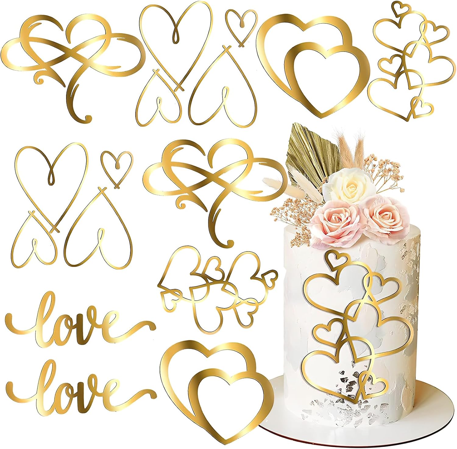 10Pcs Gold Heart Cake Toppers Valentine's Day Wedding Acrylic Heart Shaped Love Cupcake Dessert Toppers Cake Decorations for Birthday Anniversary Engagement Bridal Shower Party Cake Décor