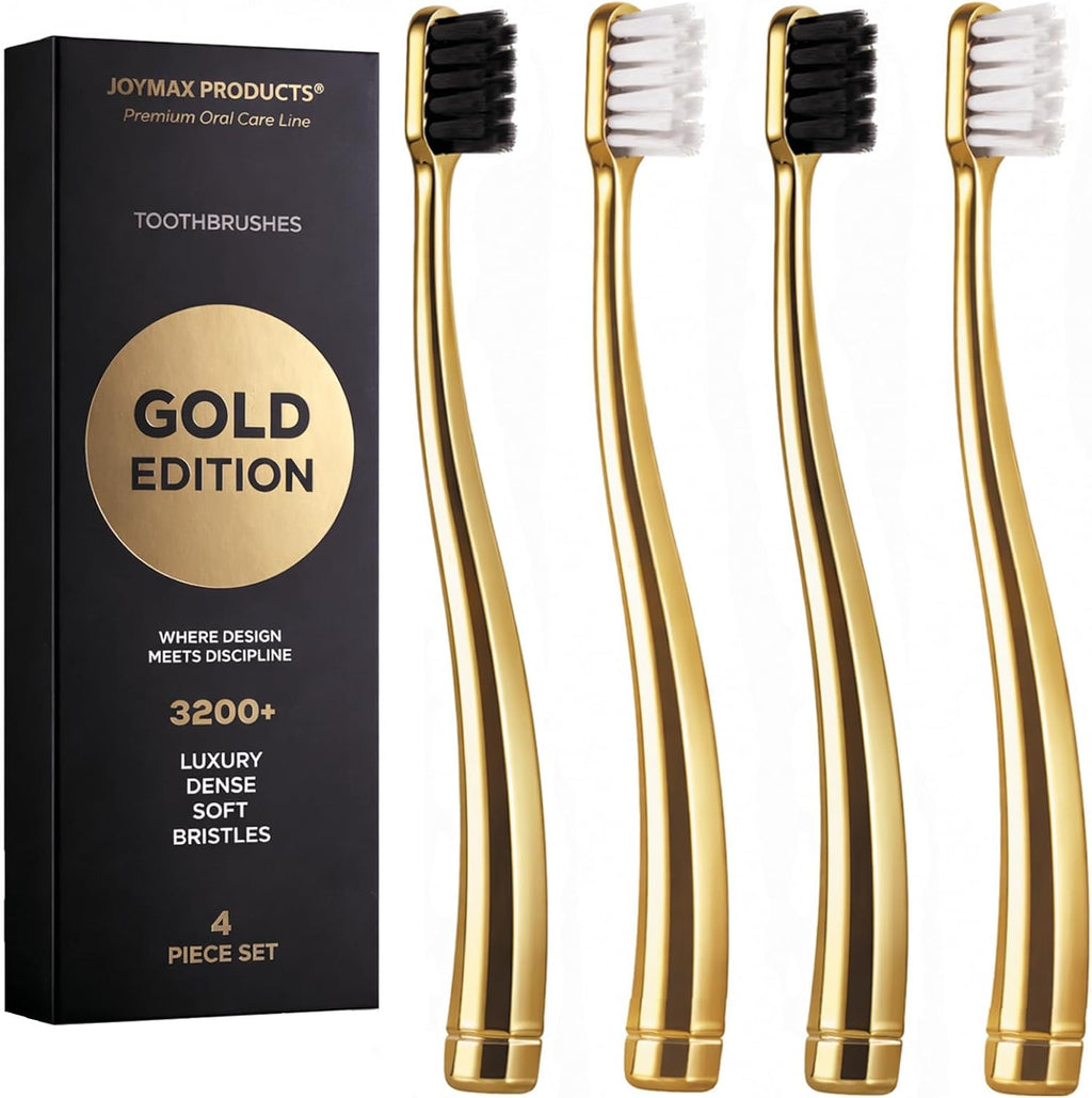 JoyMax Gold Edition Toothbrush Set (4 Pack) Luxury Dense Soft Bristles, Premium Gold Handle, 3200+ Bristles