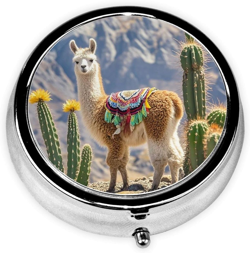 Portable 3-Compartment Pill Box â€“ Round Daily Medicine Organizer for Pocket or Purse, Llama Cactus Ideal for Morning, Noon & Evening Doses