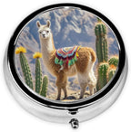Portable 3-Compartment Pill Box â€“ Round Daily Medicine Organizer for Pocket or Purse, Llama Cactus Ideal for Morning, Noon & Evening Doses