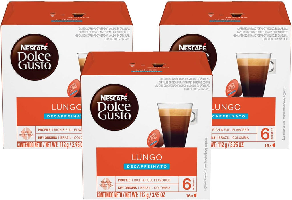 Nescafe Dolce Gusto Coffee Pods, Lungo Decaffeinato, 16 capsules, Pack of 3