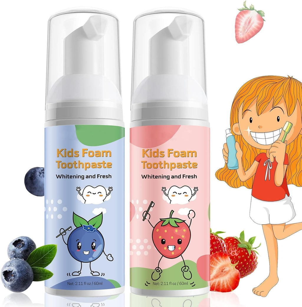 Foam Toothpaste Kids, Kids Foam Toothpaste, Toddler Toothpaste with Low Fluoride for U Shaped Toothbrush, Children Oral Cleaning for Ages 3 Plus (2PCS, Watermelon+Blueberry)