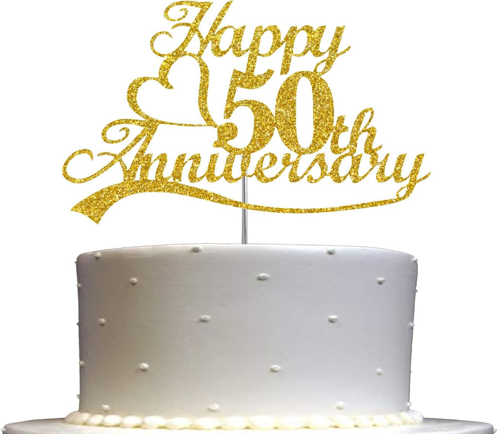 50th Anniversary Cake Topper Gold Glitter, 50 Wedding Anniversary Party Decoration Ideas, Premium Quality, Sturdy Doubled Sided Glitter, Acrylic Stick. Made in USA (50th Gold)