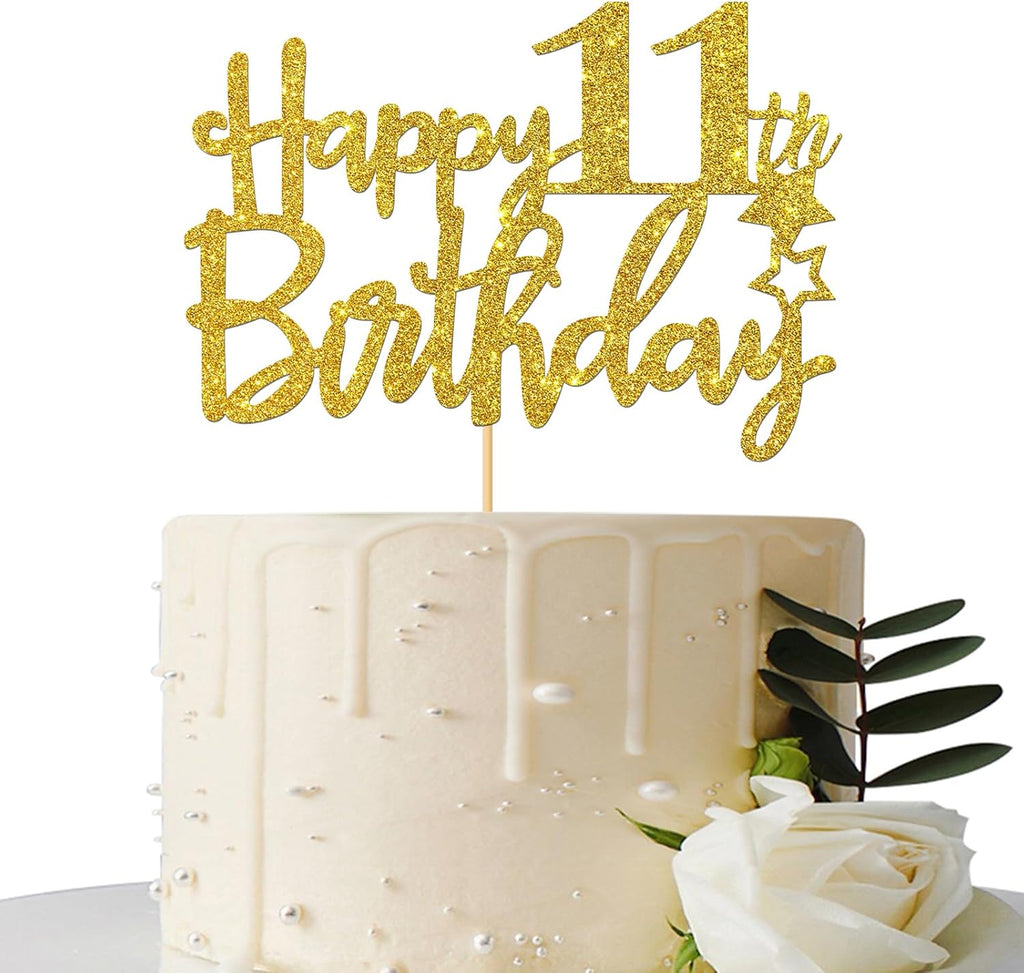 Gold Glitter Happy 11th Birthday Cake Topper - 11 Sign Cake Topper - Cheers to 11 Years Party Supplies - 11th Birthday Party Decoration