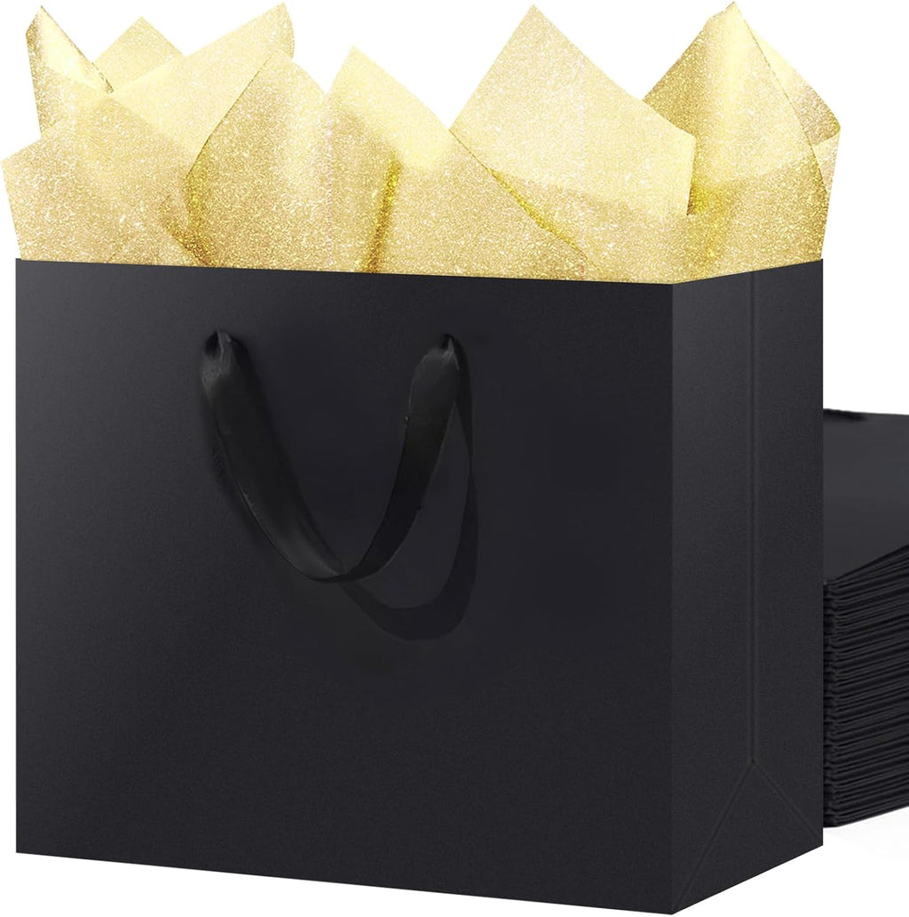 SHIPKEY 3 Pack Extra Large Black Gift Bags with Gold Tissue Paper, 16x6x12 Inches Kraft Paper Shopping Bags with Ribbon Handles for Birthday, Wedding, Party, and Holiday Gifts