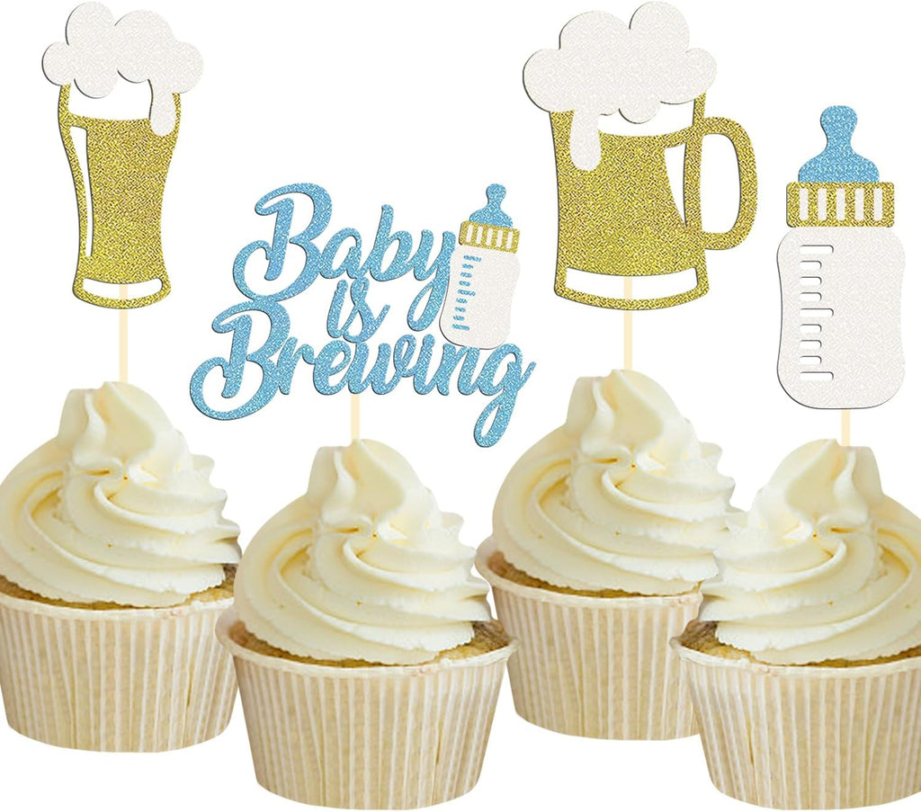 24 Pcs Glitter Cupcake Toppers - Baby Bottle & Beer Mug Cupcake Picks - Gender Reveal Decorations - Celebrating Baby Shower & Birthday Party Supplies (Blue)