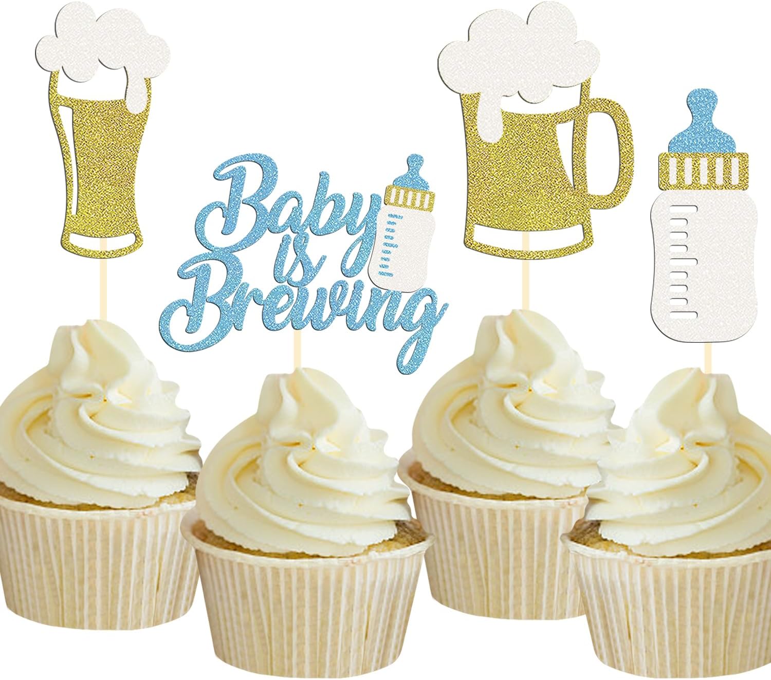 24 Pcs Glitter Cupcake Toppers - Baby Bottle & Beer Mug Cupcake Picks - Gender Reveal Decorations - Celebrating Baby Shower & Birthday Party Supplies (Blue)