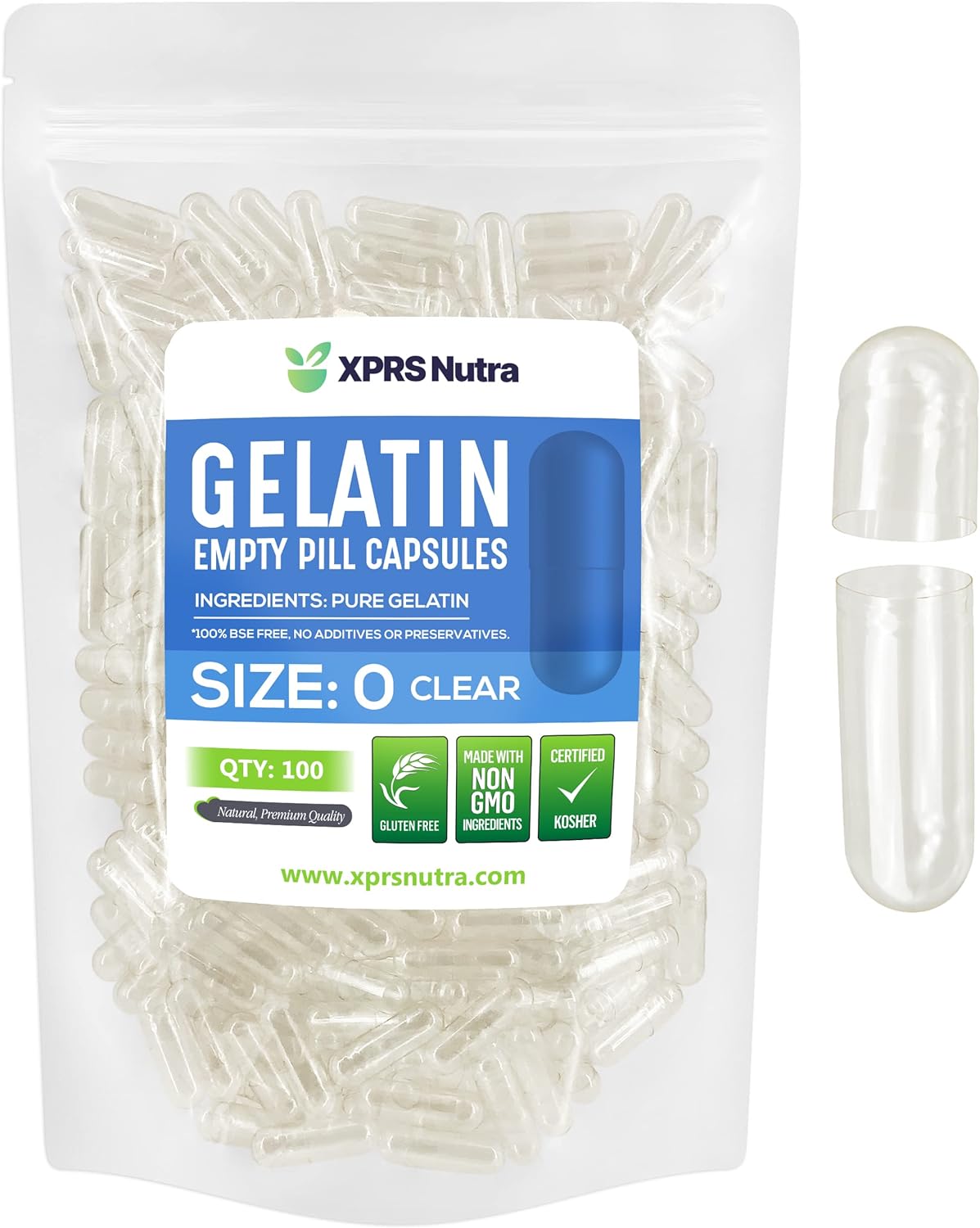 XPRS Nutra Size 0 Clear Empty Gelatin Capsules 100 Count - Kosher and Halal - Pure Gelatin Pill Capsule - DIY Powder Filling - Fillable Gel Caps for Do-It-Yourself Supplements