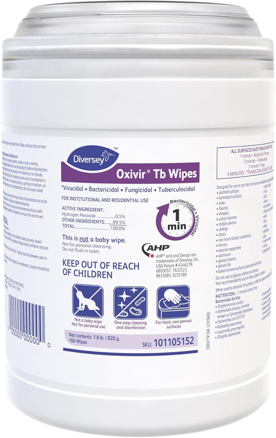Diversey Oxivir Tb 101105152 Ready-to-Use Disinfectant Cleaning Wipes, Accelerated Hydrogen Peroxide, Standard 6x7-Inch Sheets, 160-Wipes, 1-Canister