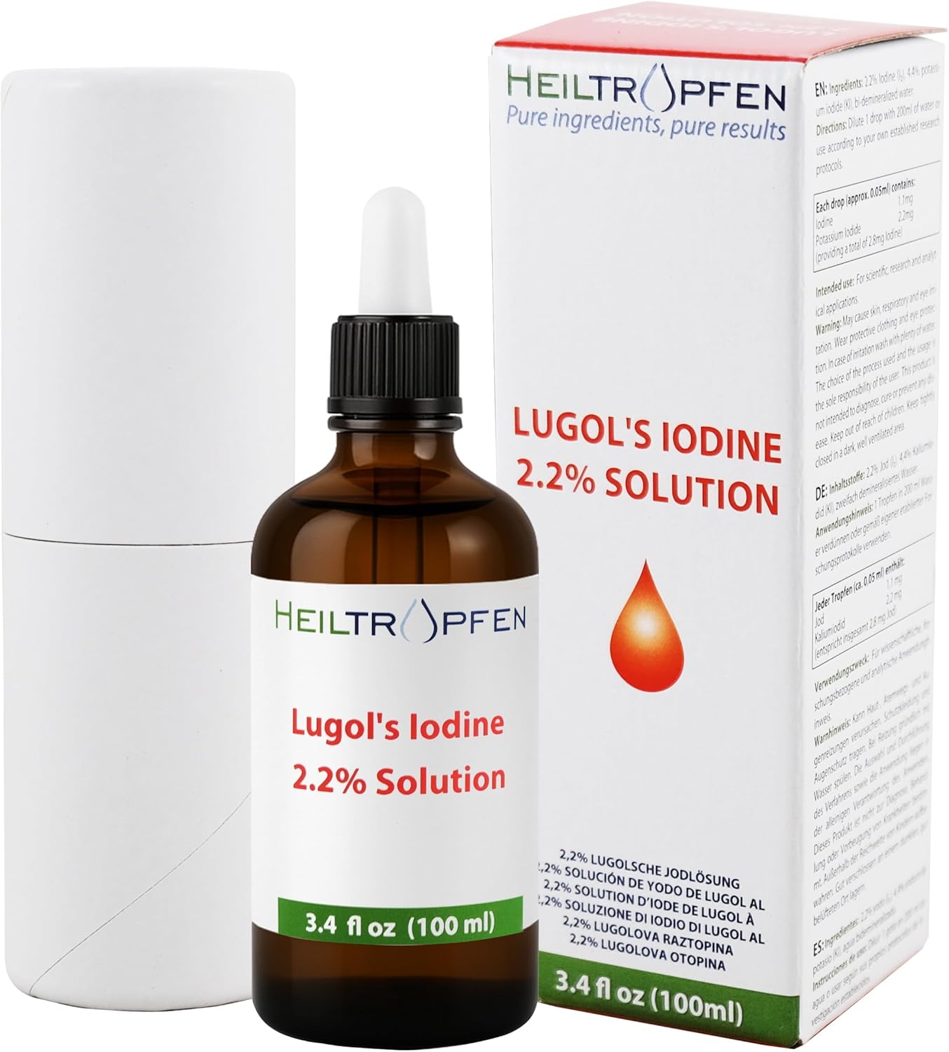 2.2% Lugol's Iodine Solution 3.4 Fl Oz | Pharmaceutical Grade Ingredients | Lugols Solution Made with Iodine and Potassium Iodide | Third-Party Tested | Heiltropfen®