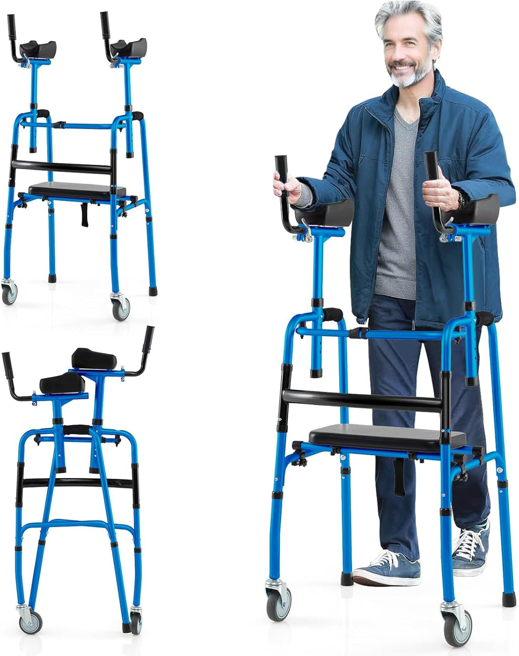 Goplus Folding Walker, 450 Lbs Foldable Standard Walker with 5'' Wheels, Seat and Removable Armrests, Lightweight Walking Mobility Aid, Aluminum Platform Walkers for Seniors, Handicap, Disabled