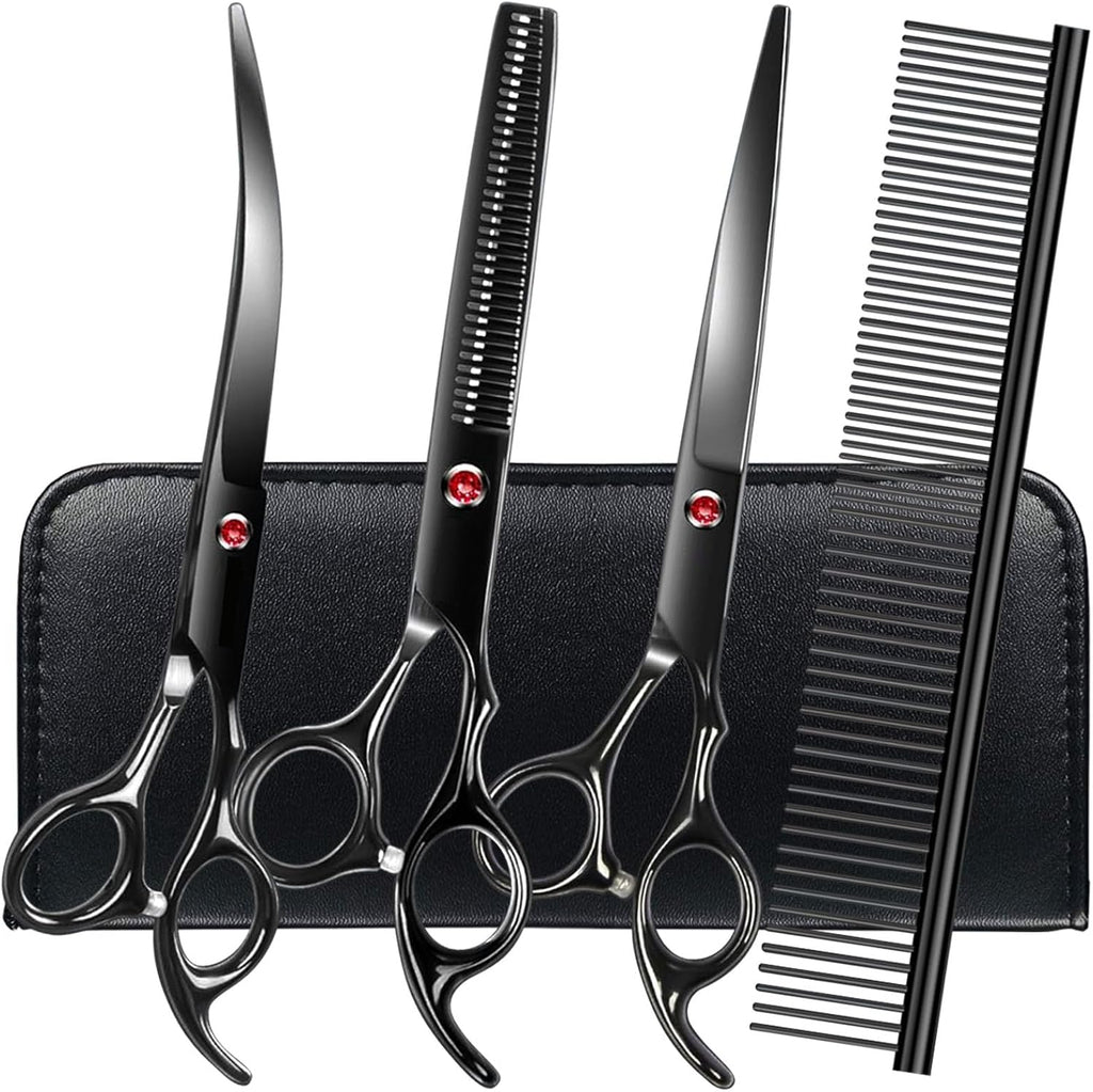 FAIGEO Professional Dog Grooming Scissors Set Stainless Steel Dog Grooming Kit - Thinning, Curved Scissors and Comb for Cat Pet (Black 5 in1)
