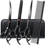 FAIGEO Professional Dog Grooming Scissors Set Stainless Steel Dog Grooming Kit - Thinning, Curved Scissors and Comb for Cat Pet (Black 5 in1)
