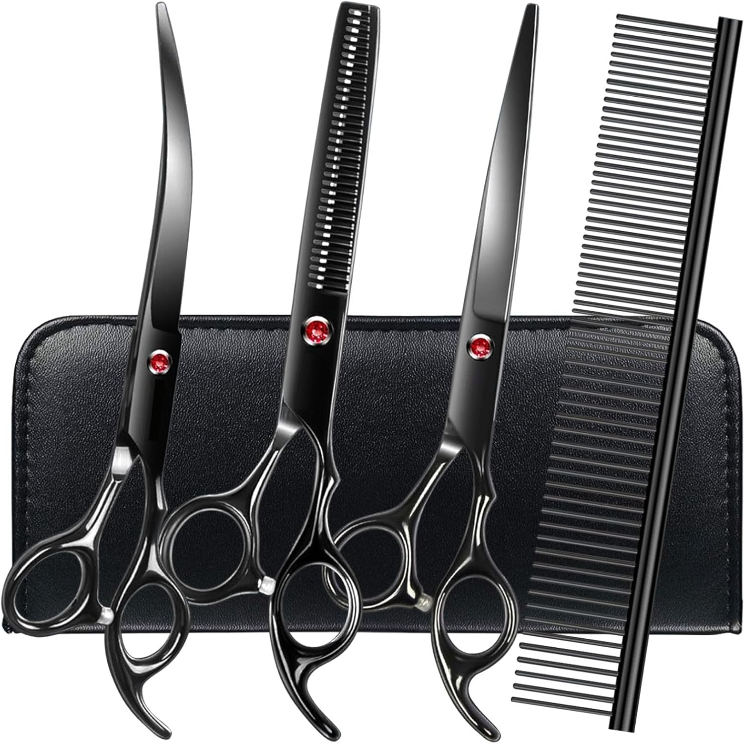 FAIGEO Professional Dog Grooming Scissors Set Stainless Steel Dog Grooming Kit - Thinning, Curved Scissors and Comb for Cat Pet (Black 5 in1)