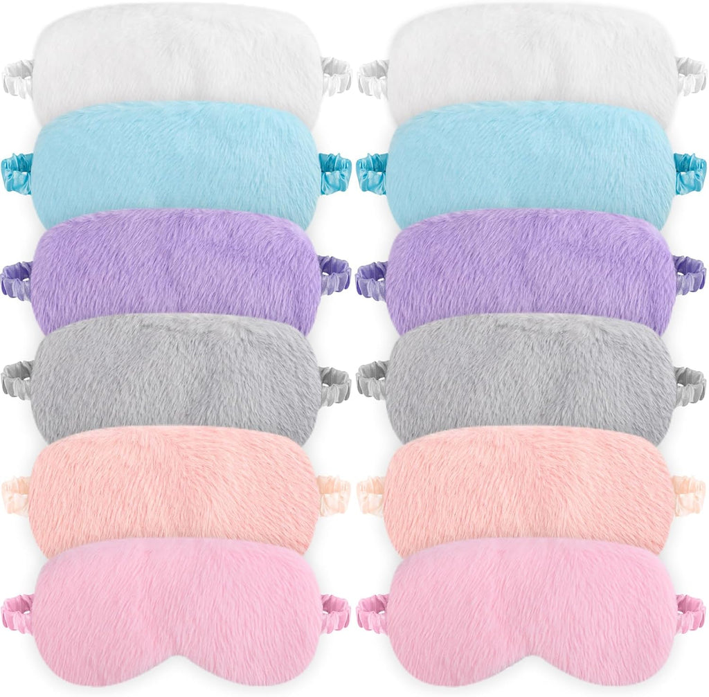 12Pcs Plush Eye Mask,Furry Sleep Masks,Soft Sleeping Blindfold with Elastic Strap & Satin Back,Faux Fur Eye Covers Night Eyeshade for Girls Women Sleep Travel Nap Sleeping,6 Colors