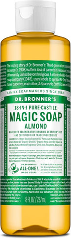 Dr. Bronner's Pure-Castile Magic Soap Liquid (Almond, 8 Ounce) - Made with Regenerative Organic Certified Oils, 18-in-1 Uses: Face, Body, Hair, Laundry, Pets and Dishes, Concentrated, Vegan, Non-GMO