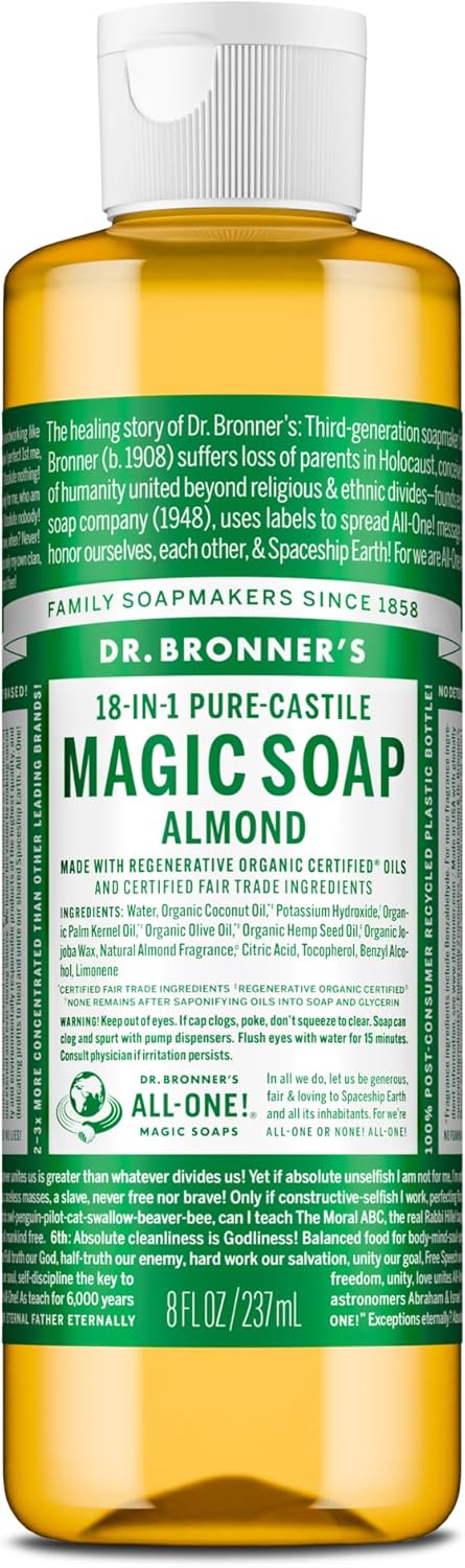 Dr. Bronner's Pure-Castile Magic Soap Liquid (Almond, 8 Ounce) - Made with Regenerative Organic Certified Oils, 18-in-1 Uses: Face, Body, Hair, Laundry, Pets and Dishes, Concentrated, Vegan, Non-GMO