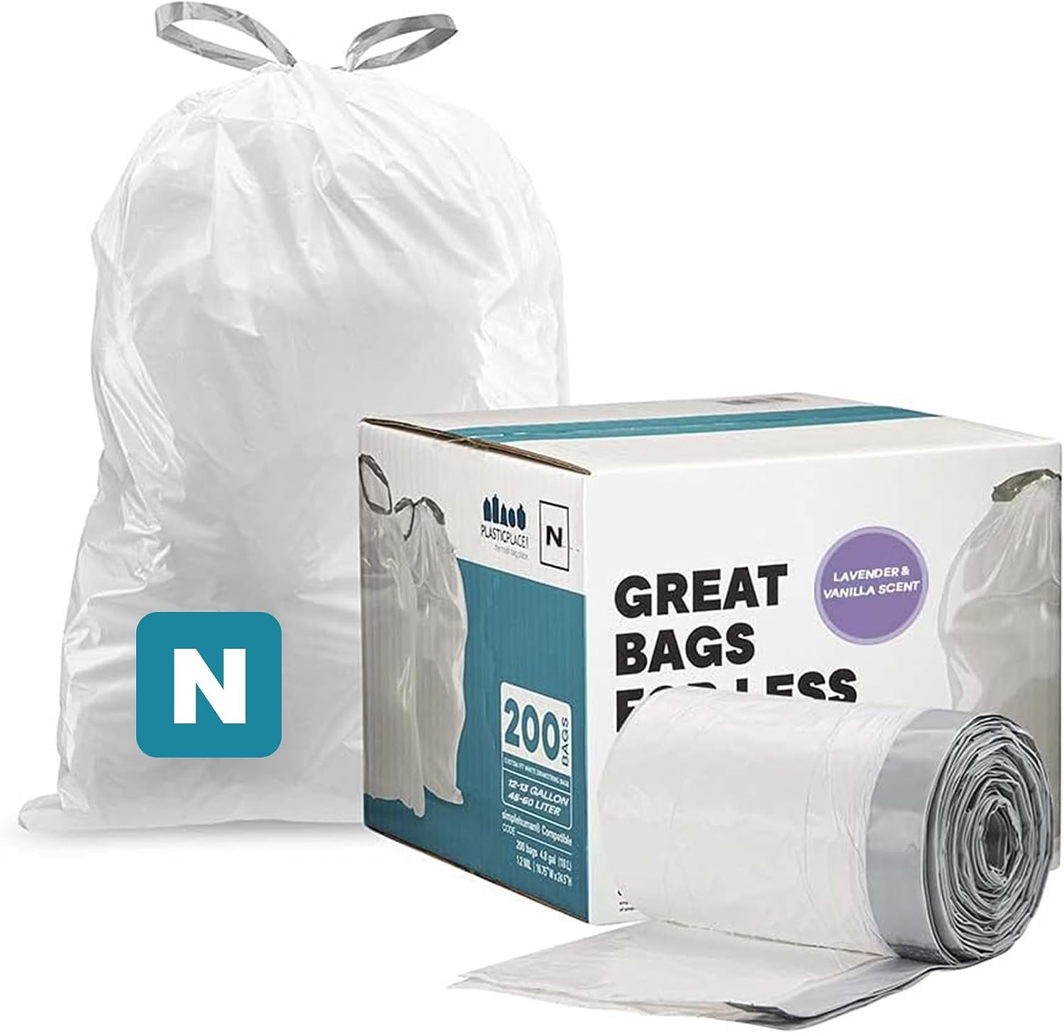 Plasticplace Custom Fit Trash Bags | Compatible with Simplehuman (x) Code N | (200 Count)│White Drawstring Garbage Liners 12-13 Gallon / 45-50 Liters│22.5" x 31.5"