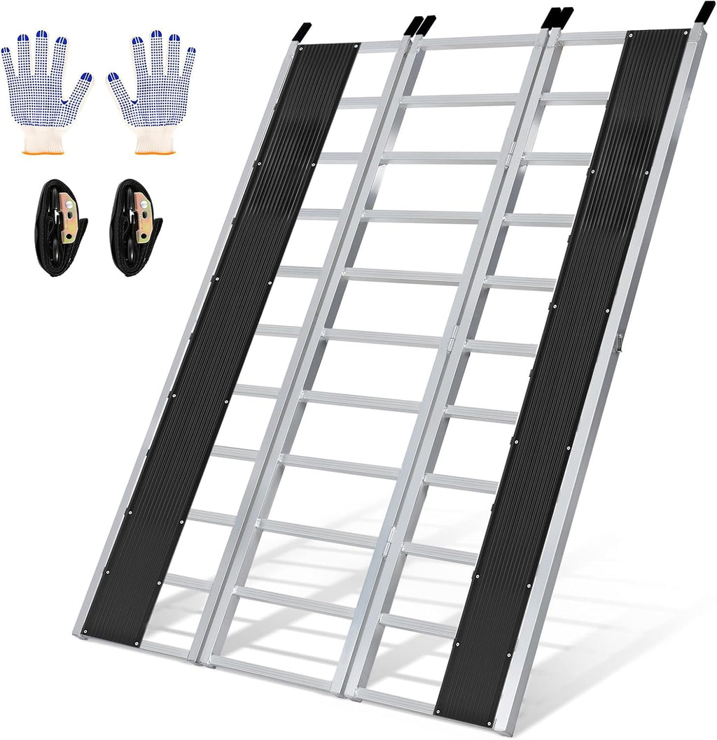 KROAK Aluminum Snowmobile Loading Ramp, 7.1 ft x 4.5 ft (85" x 54") Ultra-Wide Tri-Fold Ramp with Ski Guides, 1800LBS Max Capacity for Snowmobile ATV UTV Lawn Tractor