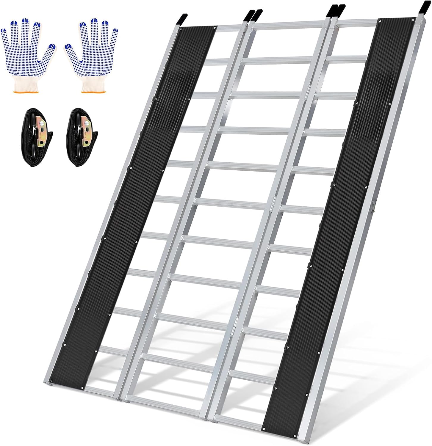 KROAK Aluminum Snowmobile Loading Ramp, 7.1 ft x 4.5 ft (85" x 54") Ultra-Wide Tri-Fold Ramp with Ski Guides, 1800LBS Max Capacity for Snowmobile ATV UTV Lawn Tractor