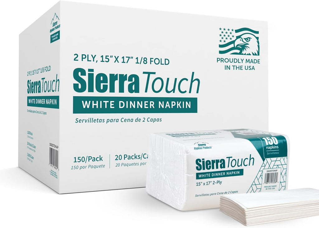 Sierra Touch Bright White 2-Ply Dinner Napkins, 15" x 17", 20 Packs of 150 Napkins, Case of 3,000