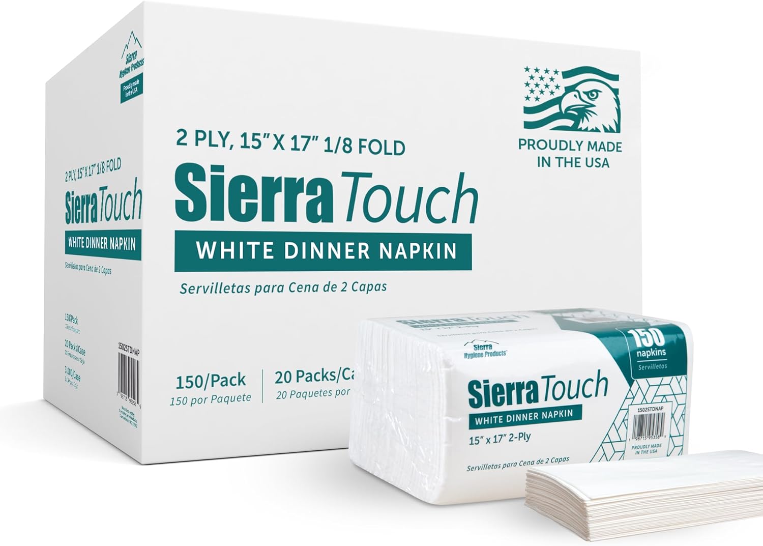 Sierra Touch Bright White 2-Ply Dinner Napkins, 15" x 17", 20 Packs of 150 Napkins, Case of 3,000