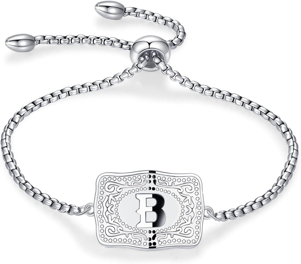 Belt Buckle Initial Bracelet for Women, 18K Gold/Silver Plated Belt Buckle Initial A-Z Bracelet, Unique Western Style Jewelry Gifts for Women Men
