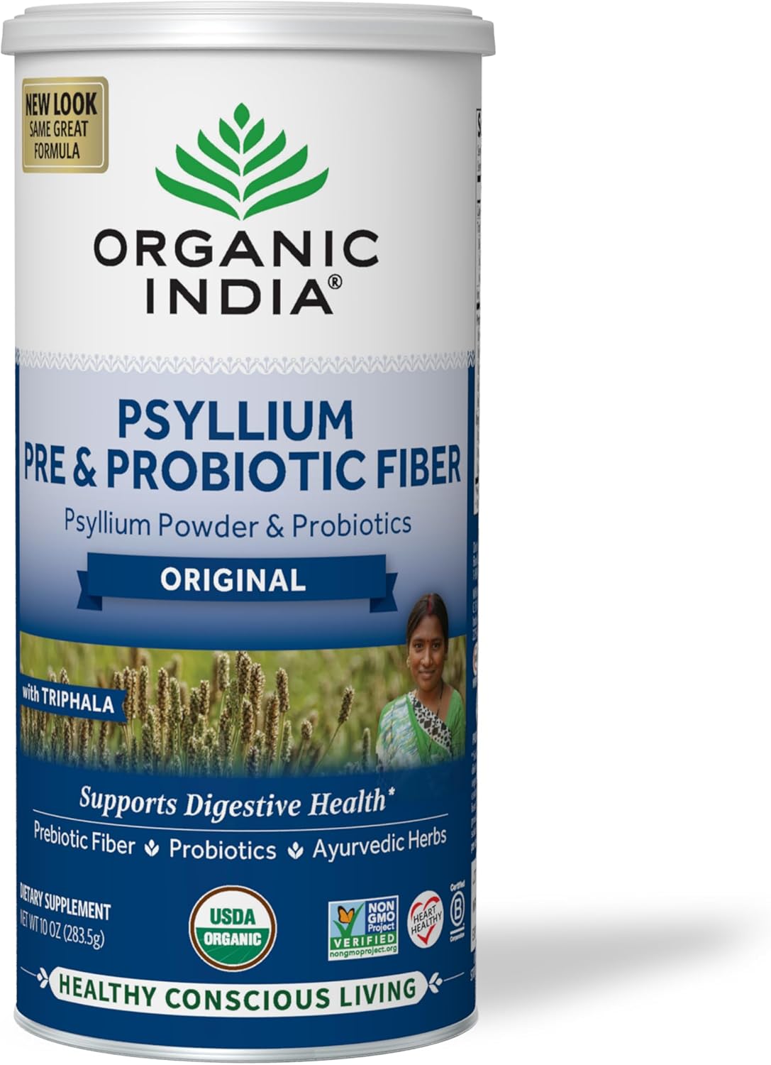 ORGANIC INDIA Psyllium Husk Powder - Pre & Probiotic Fiber Supplement, Whole Psyllium Husk Supplement, Unflavored Powder, Dietary Fiber, USDA Organic, Gluten Free - 10 Oz