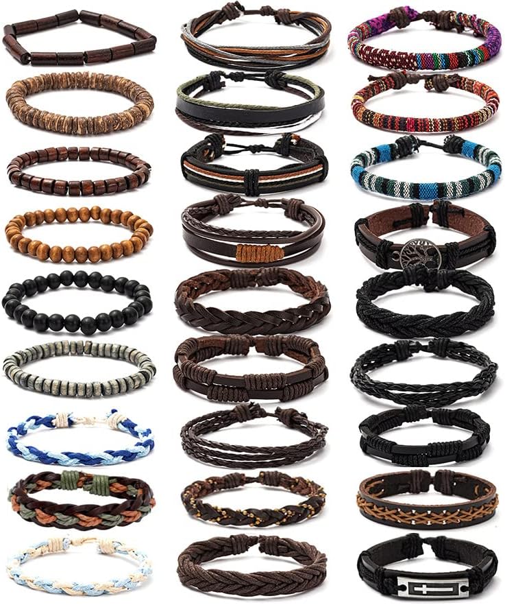 FIRAZIO 27Pcs Braided Leather Bracelets for Men Women Wrap Wood Beads Cuff Bracelet Hemp Cords Ethnic Tribal Handmade Wrap Wristband Bracelets Set Adjustable