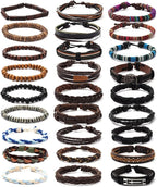FIRAZIO 27Pcs Braided Leather Bracelets for Men Women Wrap Wood Beads Cuff Bracelet Hemp Cords Ethnic Tribal Handmade Wrap Wristband Bracelets Set Adjustable