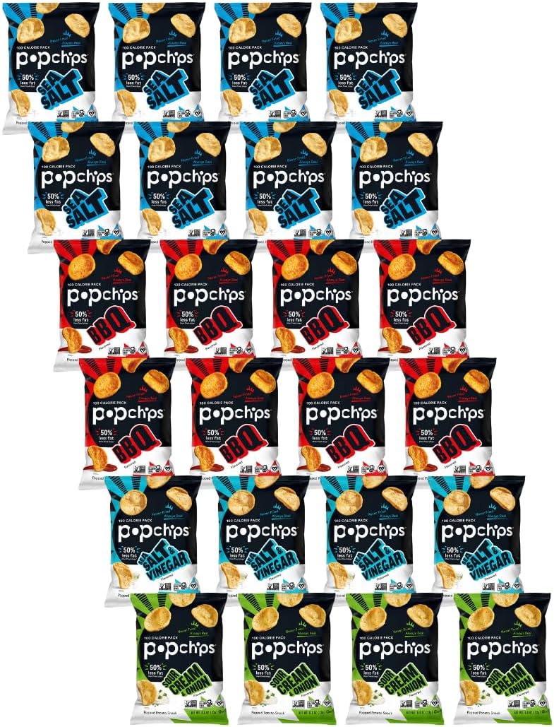 Popchips Potato Chips Variety Pack, Single Serve 0.8 Ounce Bags (Pack of 24), 4 Flavors: 8 Sea Salt, 8 BBQ, 4 Sour Cream & Onion, 4 Salt & Vinegar