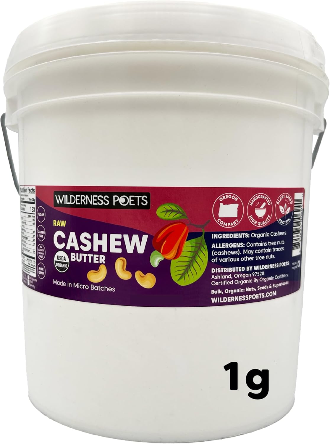 Wilderness Poets, Cashew Butter - Organic, Raw, Creamy, Bulk Size (7 Pound - 1 Gallon)
