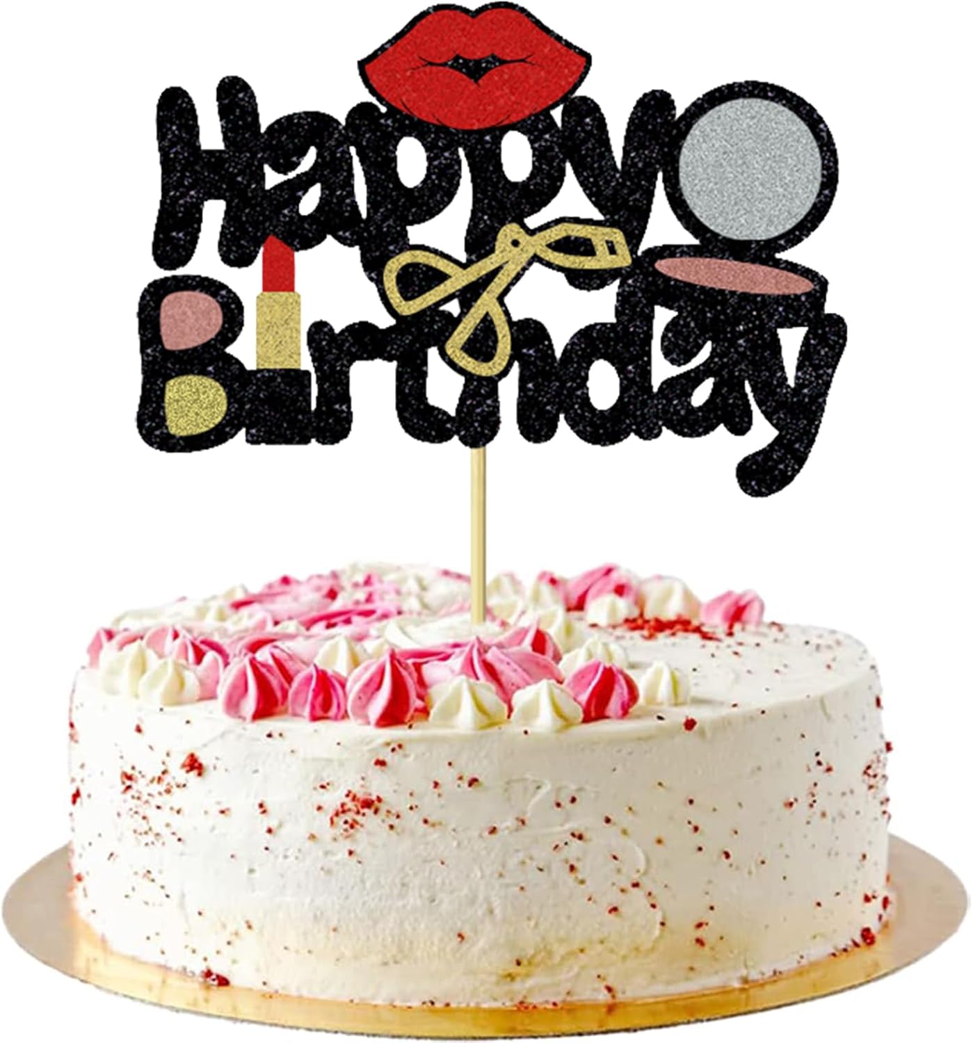 1Pcs Makeup Happy Birthday Cake Topper Powder Compact Eyelash Curler Lip Lipstick Glitter Cake Decorations for Girls Women Female Makeup Spa Theme Birthday Party Supplies