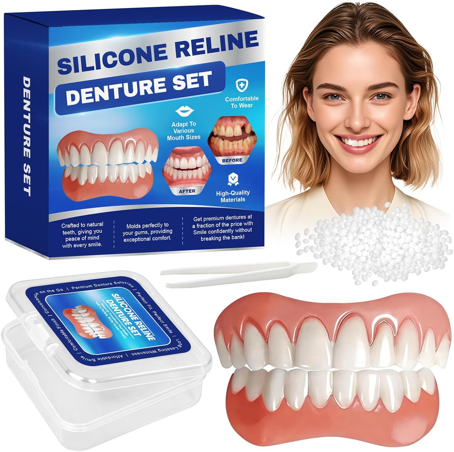 Moldable Silicone False Teeth Veneers, DIY Upper & Lower Temporary Dentures Kit for Women Men, Smile Fix at Home in Minutes,Comfortable and Reusable