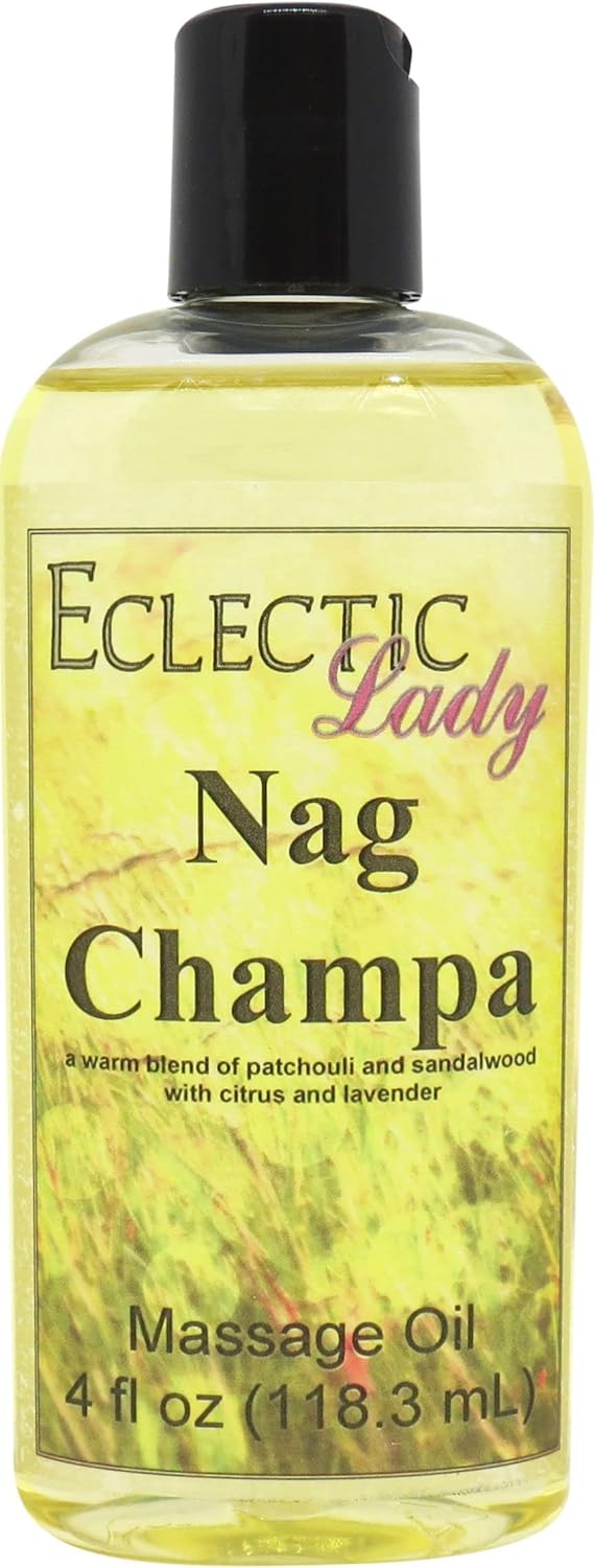 Nag Champa Massage Oil, 4 oz, With Sweet Almond Oil and Jojoba Oil, Preservative Free, Perfect for Aromatherapy and Relaxation