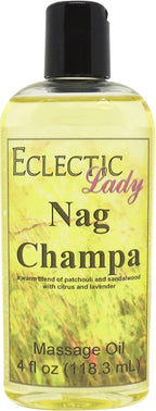 Nag Champa Massage Oil, 4 oz, With Sweet Almond Oil and Jojoba Oil, Preservative Free, Perfect for Aromatherapy and Relaxation