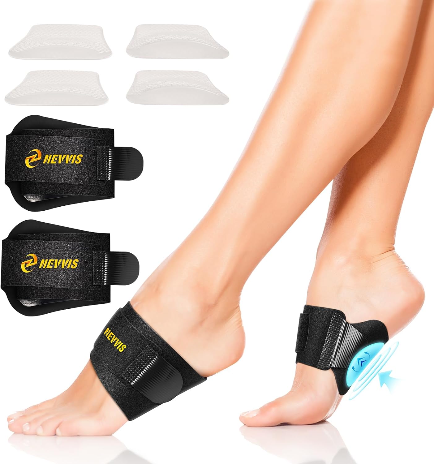 Arch Support Braces with Replaceable Gel Pads, Adjustable Orthotic Arch Support for Women Men, Relief for Plantar Fasciitis, High Arch, Flat Feet, Foot Fatigue, Arch Pain, 4 Pads with 2 Heights