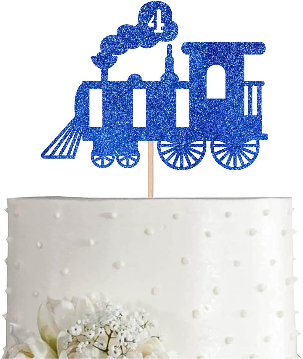 Blue Train 4th Birthday Cake Topper, Blue Glitter Boy Girl 4 Years Birthday Party Decoration