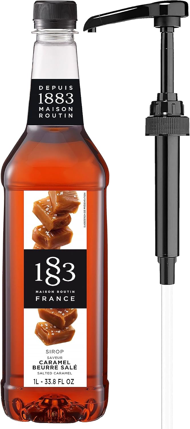 1883 Salted Caramel Syrup with Pump – Premium French Flavoring Syrup for Coffee, Lattes, Iced Coffee & Drinks – 1L Plastic Bottle, Made in France