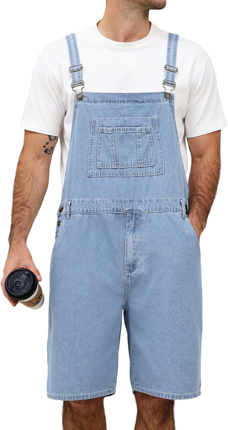 Men's Denim Overalls Cargo Jean Shorts Jumpsuit Loose Fit Work Bib Coveralls with Zipper