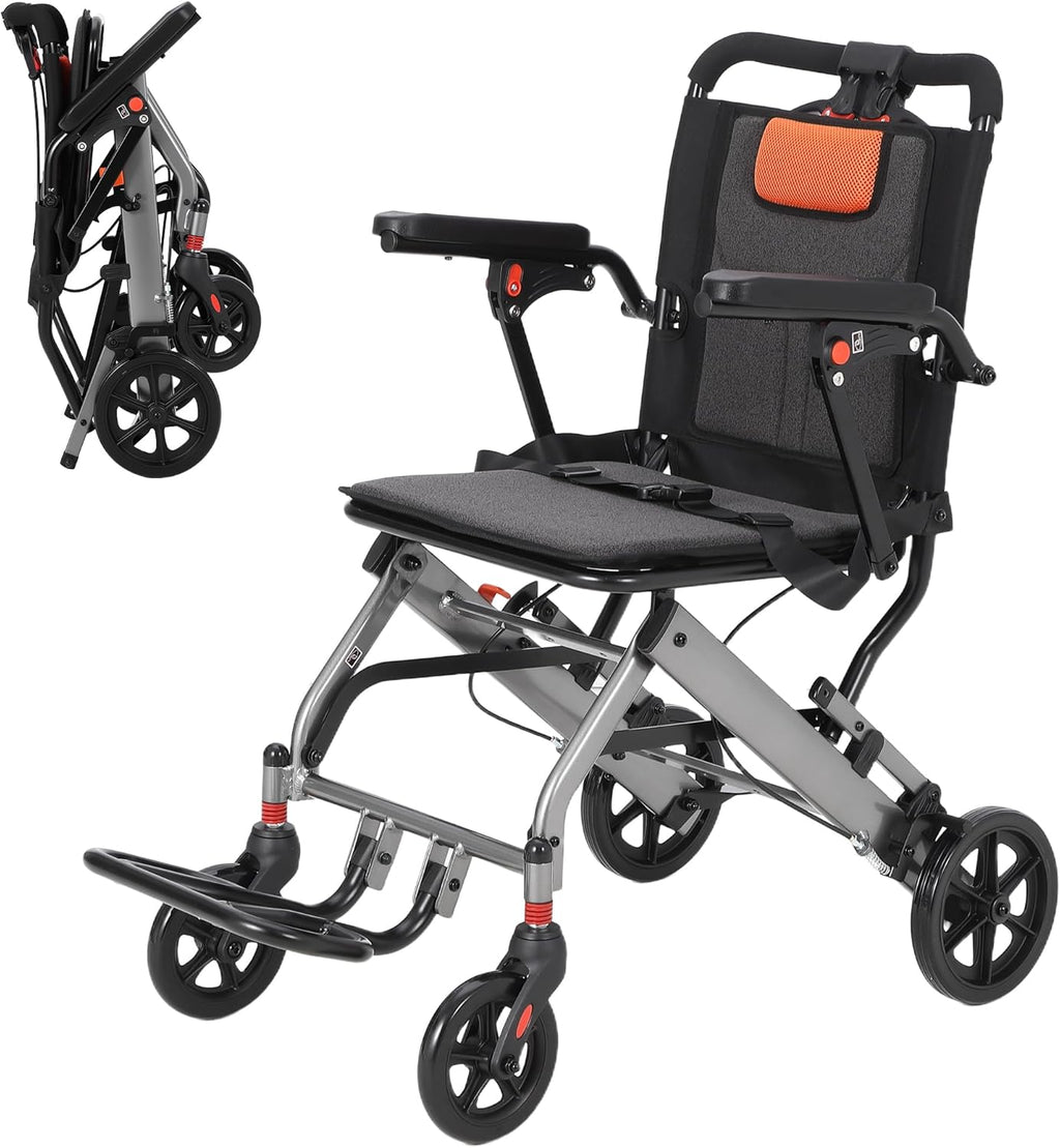Foldable Wheelchair for Adults, Lightweight Transport Chair with Flip Armrests and Swing Footrests, Portable Aluminum Frame, Locking Handbrakes, Travel-Ready for Seniors
