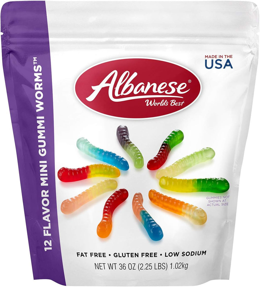Albanese World's Best 12 Flavor Mini Gummi Worms, 36oz Bag of Candy, Soft & Chewy Candy Snacks, Fruity Flavor Assortment